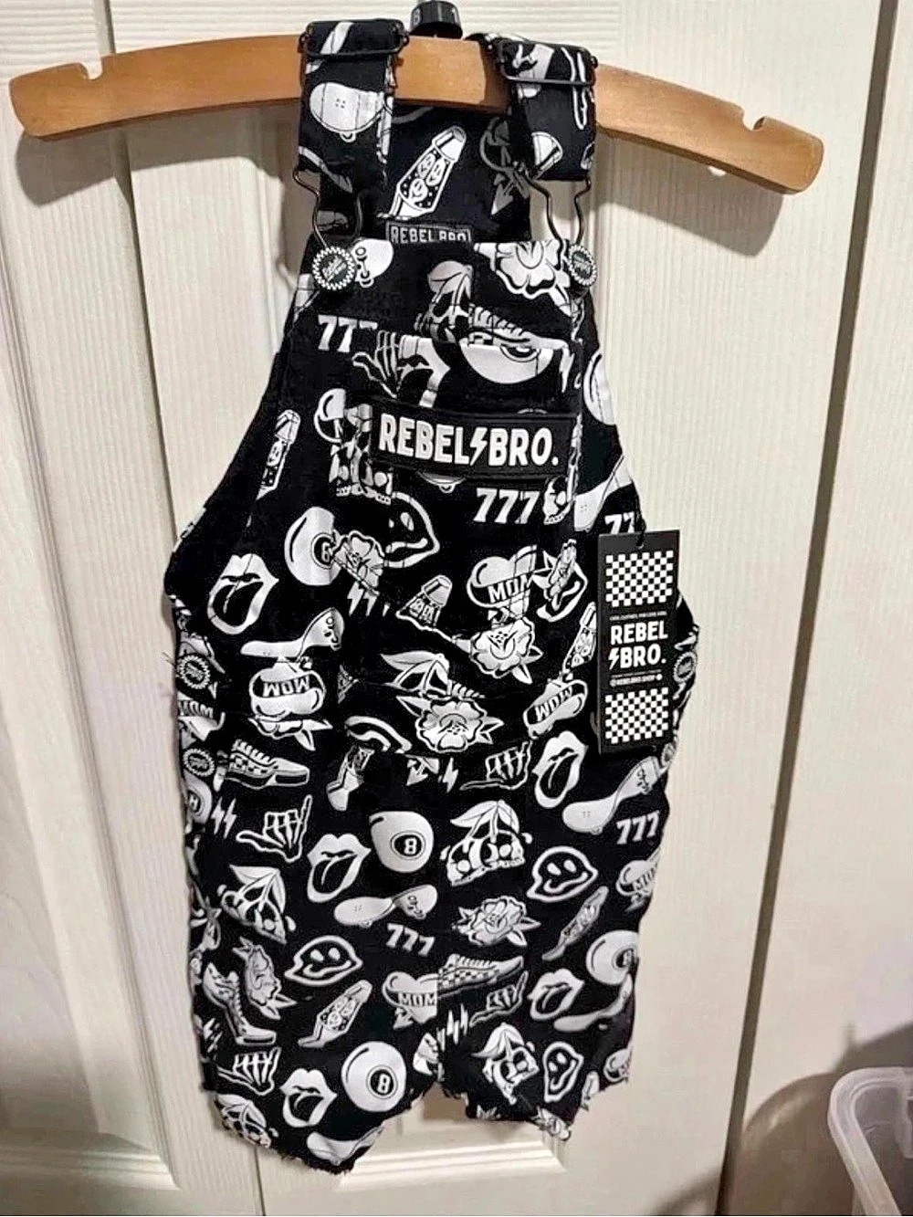 Rebel Bro Cutoff Overalls in Bender Black & White Baby 18-24M